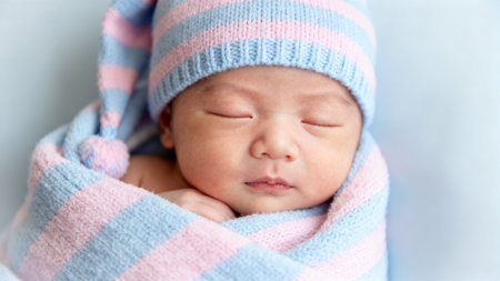Newborn baby sleeping with striped hatの素材