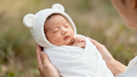 Baby wearing bear hat being held outdoorsの素材