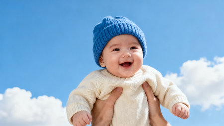 Baby wearing blue hat and sweaterの素材