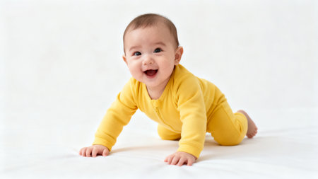 Smiling baby in yellow outfitの素材