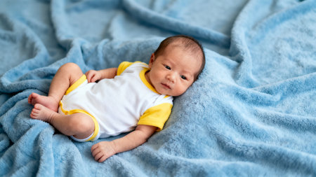 Newborn baby on blue blanketの素材