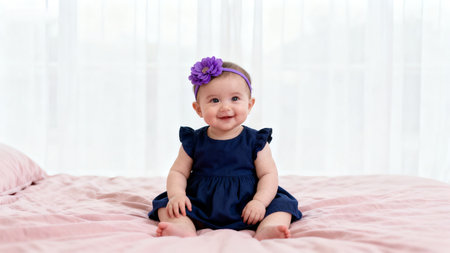 Baby girl wearing purple flower headbandの素材