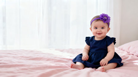 Smiling baby girl in purple dressの素材