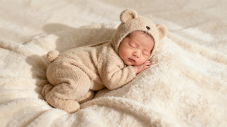 Baby in bear costume sleepingの素材