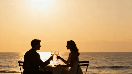 Couple toasting with wine at sunsetの素材