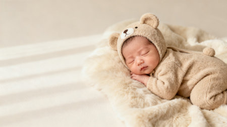 Baby in bear costume sleepingの素材