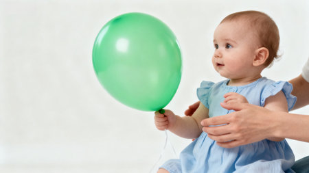 Baby holding a green balloonの素材