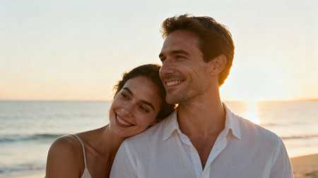 Couple at the beach during sunsetの素材