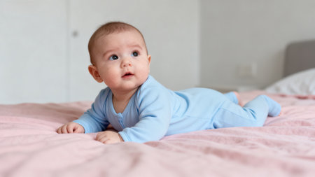 Baby in blue onesie on pink bedの素材