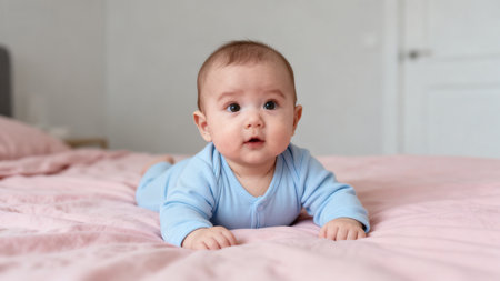 Baby in blue outfit on bedの素材