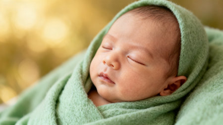 Newborn baby sleeping wrapped in green clothの素材