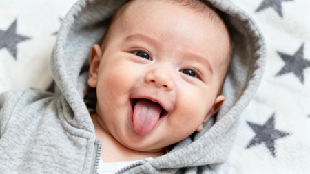 Smiling baby wearing a hooded sweatshirtの素材