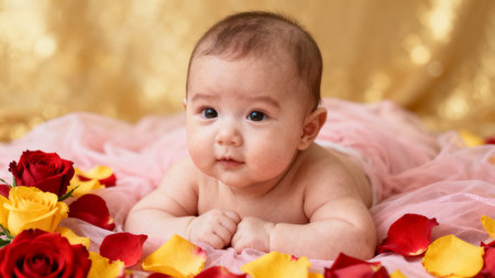 Baby with flowers on pink fabricの素材