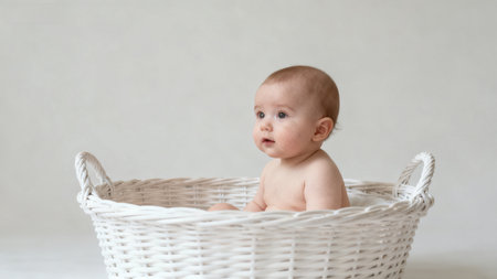 Baby sitting in a white basketの素材