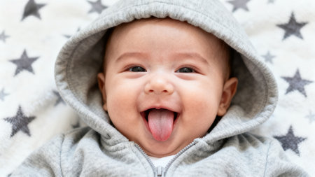 Smiling baby wearing a hooded sweatshirtの素材