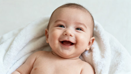 Smiling baby wrapped in towelの素材