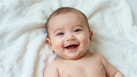 Smiling baby lying on white blanketの素材