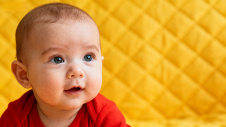 Baby with blue eyes on yellow backgroundの素材