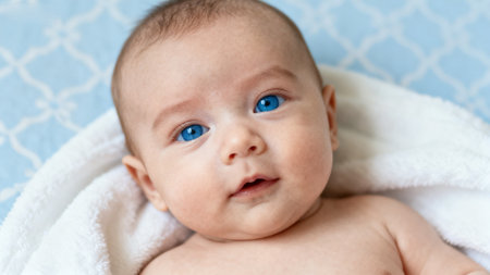 Baby with blue eyes wrapped in towelの素材