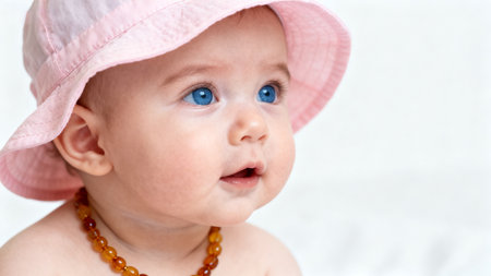 Baby wearing pink hat with blue eyesの素材