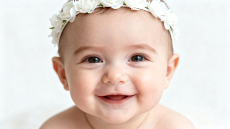 Smiling baby with floral headbandの素材