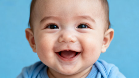 Closeup of smiling baby with blue backgroundの素材