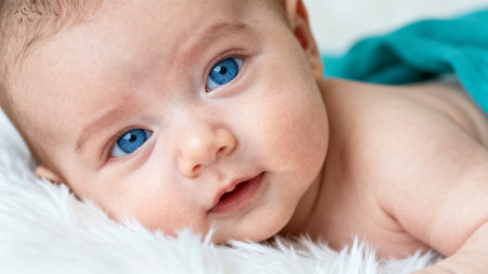 Closeup of baby with blue eyesの素材