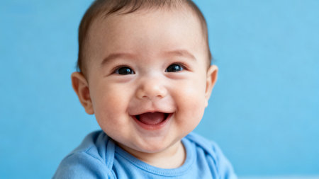 Smiling baby with blue backgroundの素材