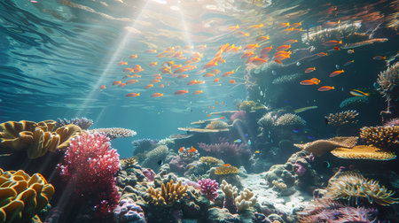 Underwater view of tropical coral reef with fishes and corals.の素材