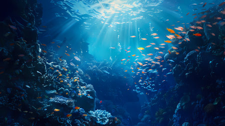 Underwater view of coral reef with tropical fishes and rays of lightの素材