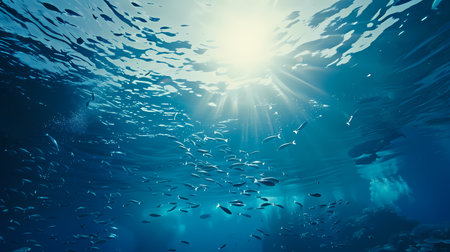 Underwater scene with a school of fish and sun shining through the waterの素材