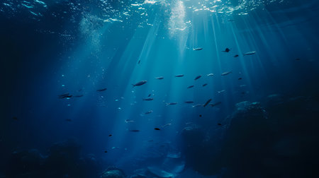 Underwater view of tropical coral reef with fishes and rays of lightの素材
