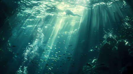 Underwater view of a man swimming in the sea. Underwater photographyの素材