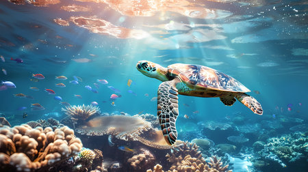 Green sea turtle swimming in coral reef. 3d render illustration.の素材