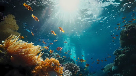 Underwater view of coral reef with tropical fish and rays of lightの素材