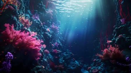 Underwater scene with corals and tropical fish. 3d renderの素材