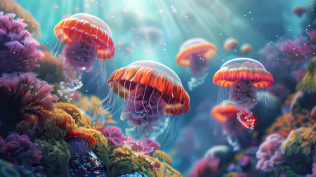 Jellyfish in the ocean. 3d render illustration. Underwater world.の素材