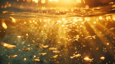 Gold fish swimming in the sea with sunlight in the morning. Abstract backgroundの素材