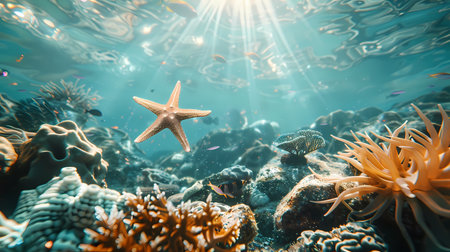 Underwater scene with starfish and corals in the tropical seaの素材