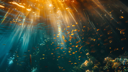 Underwater view of coral reef with fishes and rays of light.の素材