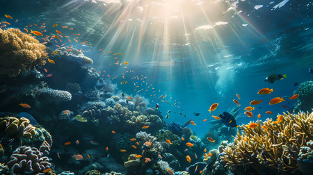 Underwater view of tropical coral reef with fishes and sunbeamsの素材