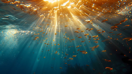 Underwater view of tropical coral reef with sunbeams and fishesの素材