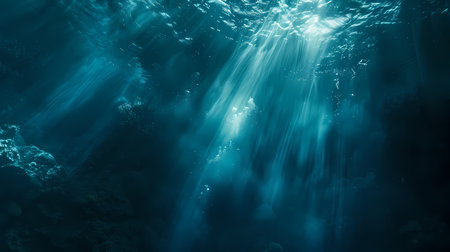 Underwater view of the coral reef with rays of light coming throughの素材