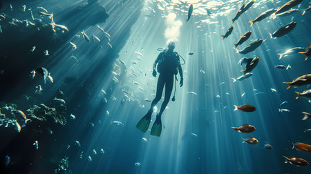 Scuba diver swimming underwater with fishes and corals in the tropical seaの素材