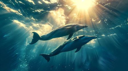 Dolphins swimming underwater with sunrays. 3D Rendering.の素材