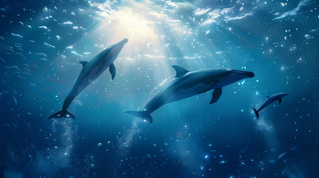 Dolphins swimming in the blue sea. 3d render illustration.の素材