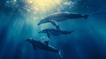 Dolphins swimming underwater in deep blue ocean. 3D Renderingの素材