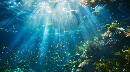 Underwater view of coral reef with tropical fish and rays of sunlightの素材