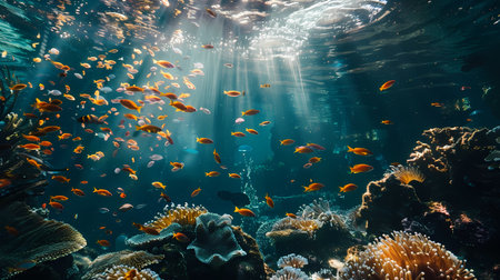 Tropical coral reef with colorful fishes and rays of light underwaterの素材