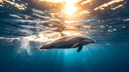 Dolphin swimming underwater in the sea. 3d render illustration.の素材